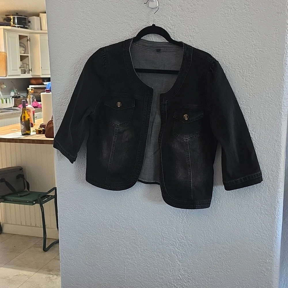 Distressed Black Cropped Denim Bolero Jacket โ Size Large - Picture 1 of 9